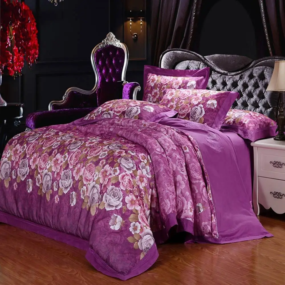 2019 Модные фиолетовые цветы жаккардовые шелковые хлопковые постельное белье