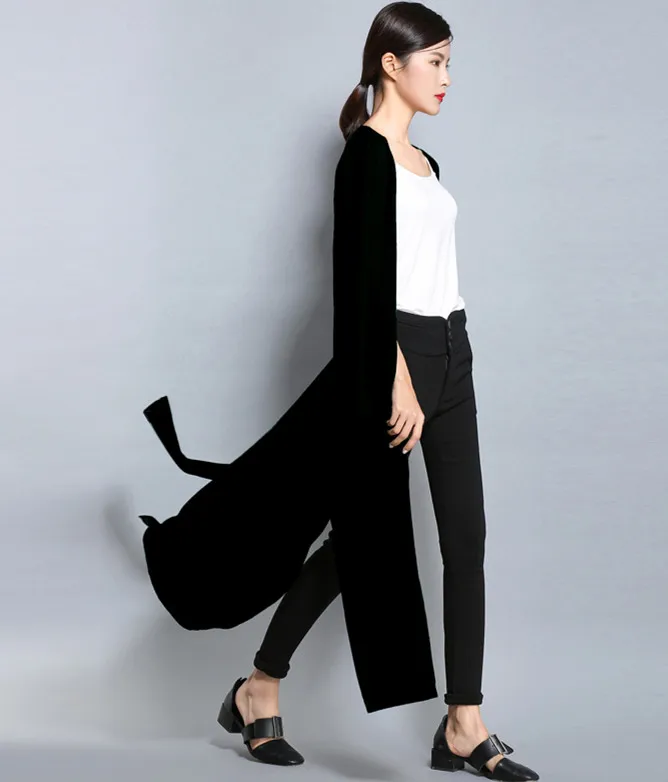 YUNSHUCLOSET Весна шаблон Мода дамы вязаный длинный кашемировый кардиган с карманом Higt качество - Цвет: Черный