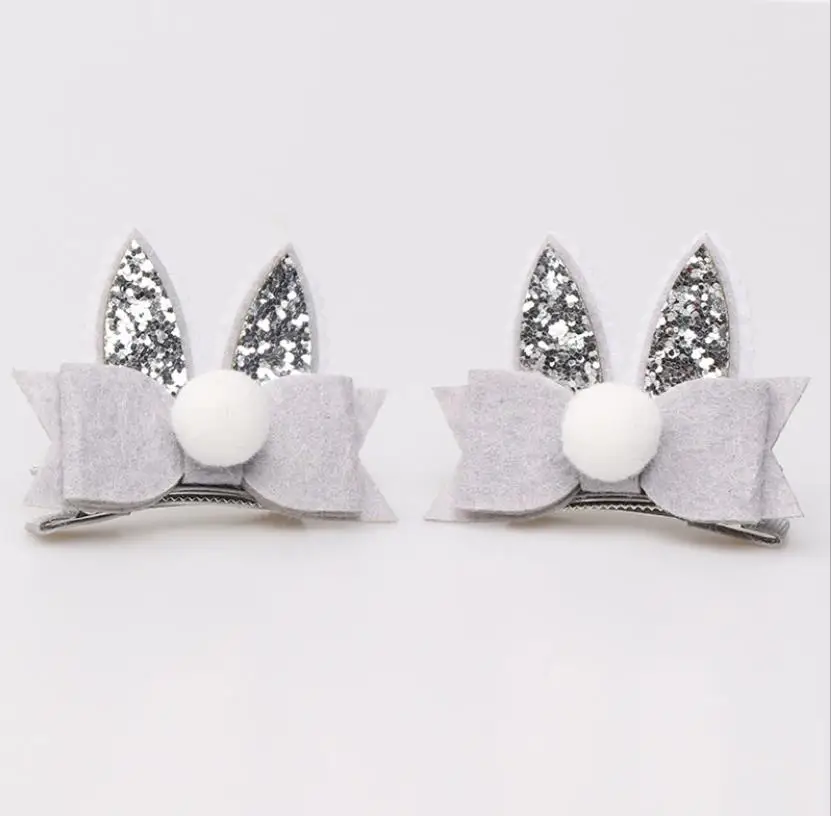 2Pcs Solid cat ears hairpins Sequins ears hair clips cute rabbit ears shape barrettes girls Bow hair accessories headdress J52