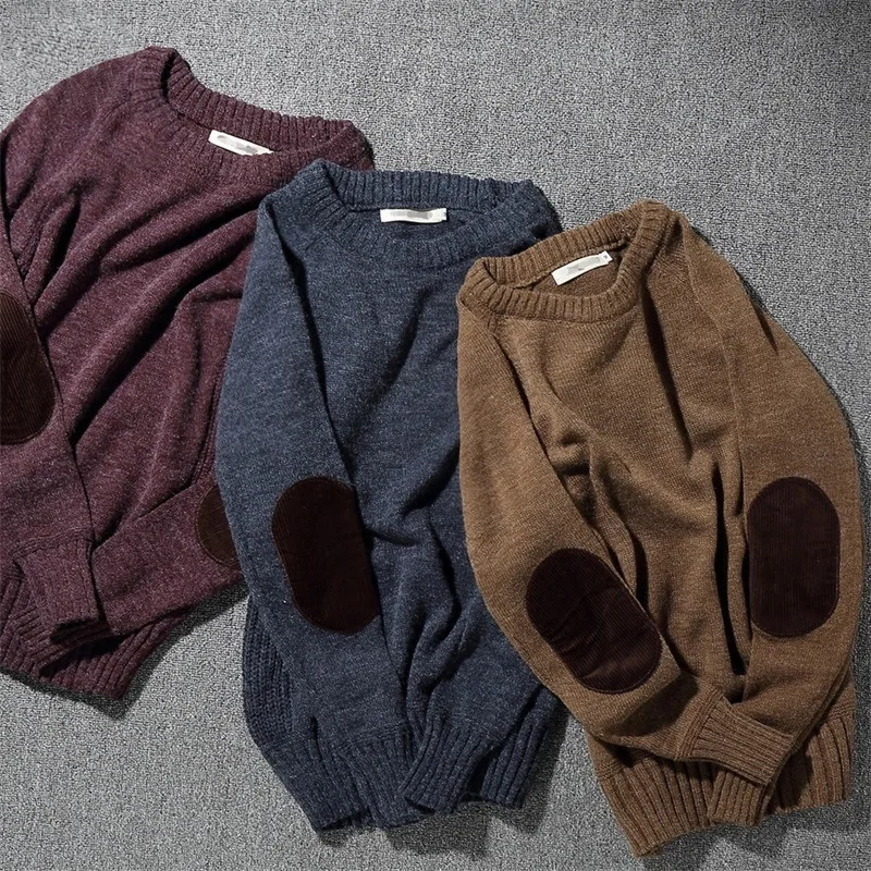 

The here corduroy patches Japanese pure color restoring ancient ways round collar pullovers male Rabbit hair blended knitwear