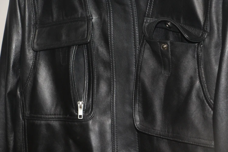 Free shipping.Plus size Brand classic pockets goatskin slim Jacket,men's genuine Leather safari style jacket.warm Detachable