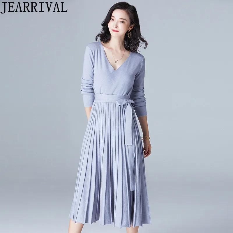 2018 New Winter Black Pink Sweater Dress Women's Fashion Long Sleeve V-Neck Casual Midi Pleated Knitted Vestido De Festa | Женская