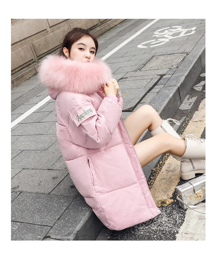Новая зимняя куртка средней длины куртка-пуховик Женская Длинная с капюшоном 909