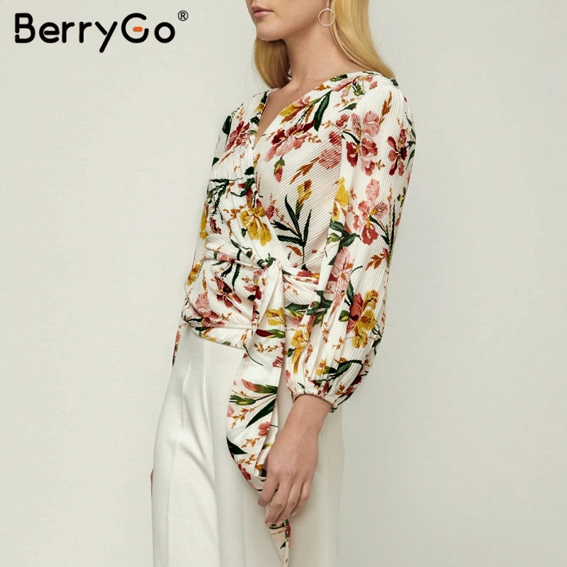 BerryGo женская блузка шифоновая топы Принт Длинный фонарь рукав шнуровка блуза