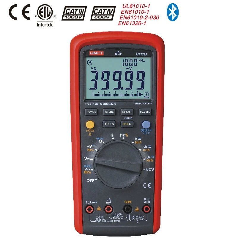 UNI T UT171A TRMS Цифровой мультиметр 40000 Граф AC DC аналоговый бар NCV VFC Ом Частотный тестер USB/Bluetooth подключение данных хранения ETL