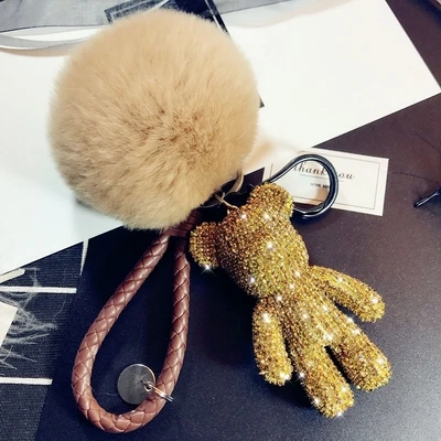 Bomgom Хрустальный Popobe glomy Bear Strass брелок для ключей Автомобильный ключ держатель сумки держатель с подвеской меховым помпоном кожаный брелок подвеска
