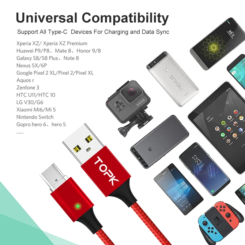TOPK AM44 USB C Магнитный кабель с нейлоновой оплеткой type зарядный для samsung Galaxy Note 9 S9 Plus