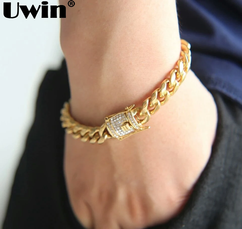 

Uwin 10&13&15mm Cuban Link Bracelet Men Full Iced Out Rhinestones Box Clasp Top Quality Stainless Steel Bangles Hiphop Jewelry