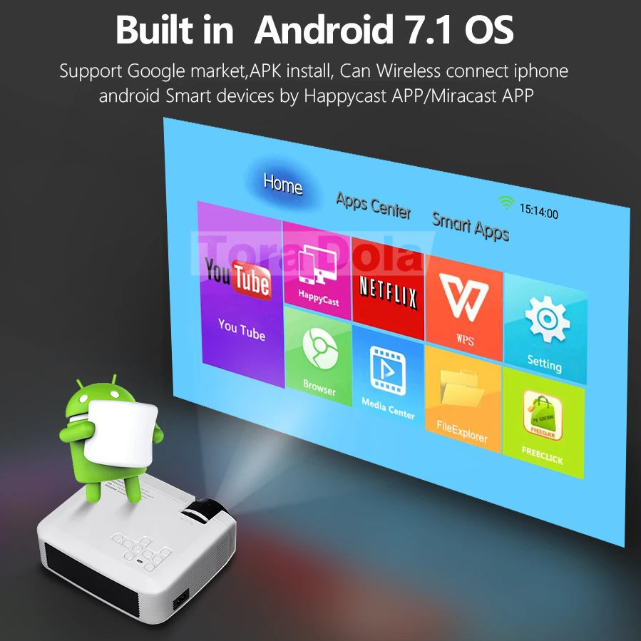 TORA DOLA Android 7.1OS проектор. Лучший светодиодный проектор HD. Мини домашний кинотеатр, разрешение 1280x720 1080P портативный 3D проектор TD01