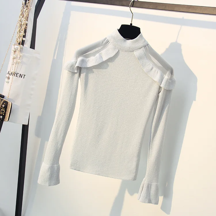 Женский трикотажный свитер с рукавами-сеткой и люрексом вязаный пуловер