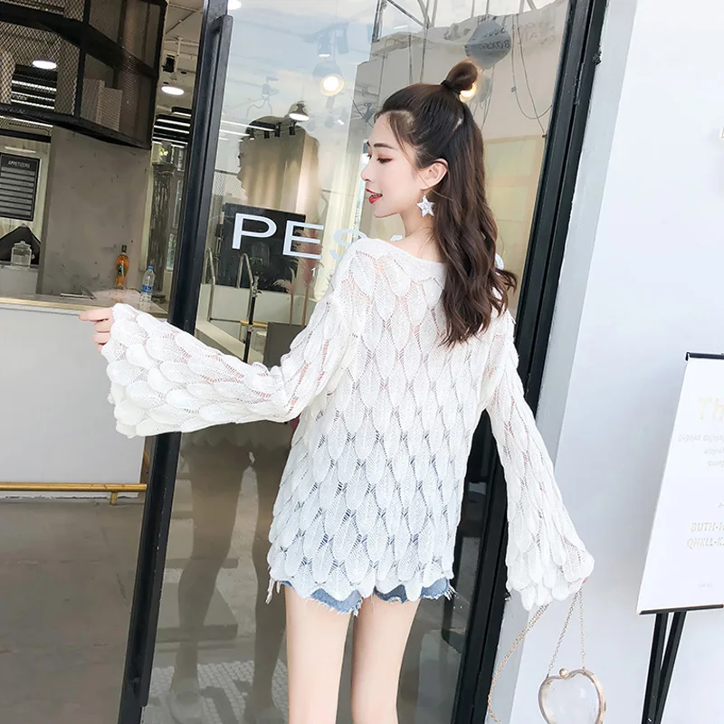 QoerliN Winter Woman Sweater Knitting Pullovers Autumn Thin Outwear Slash Neck Flare Sleeve Hollow Out Sexy Long Jersey Pink | Женская
