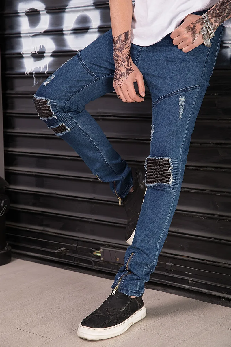 

Men Biker Jeans Fashion Ripped PU leather patchwork ankle zipper Hip Hop skinny Distressed denim pants Streetwear mens trousers