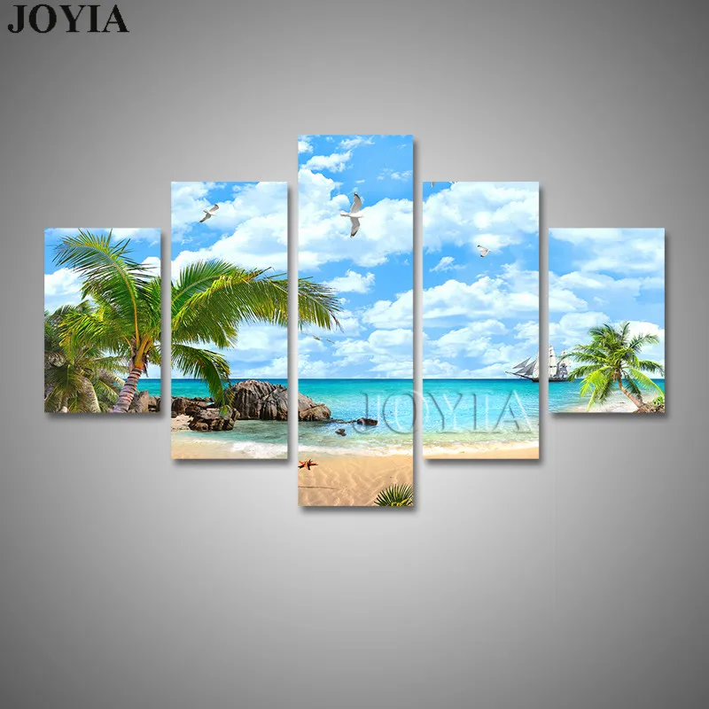 Холст для гостиной пейзаж пляжные пальмы набор из 5 предметов современные