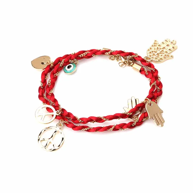 Женский браслет с подвесками Lucky Eye Hamsa черный красный нитью и кисточками модные