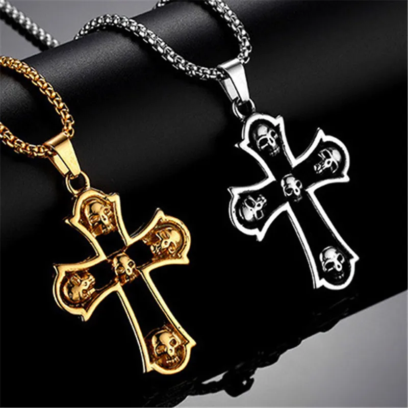 

Vintage Hollow Cross Skull Pendant Necklace For Men Mens Necklace Pendants Unique jewelry Gold Silver Colors Punk Necklace