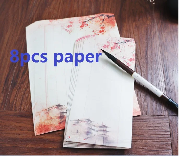 8pcs paper 8 шт., Милый Винтажный набор бумажных конвертов и букв в китайском стиле, Цветочная каллиграфия, авторучка, бумага для письма - Цвет: 8pcs paper