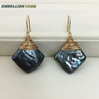new 2018 dazzling hand made black green pearls gold plated hook dangle earring big size baroque pearl block square shape gift