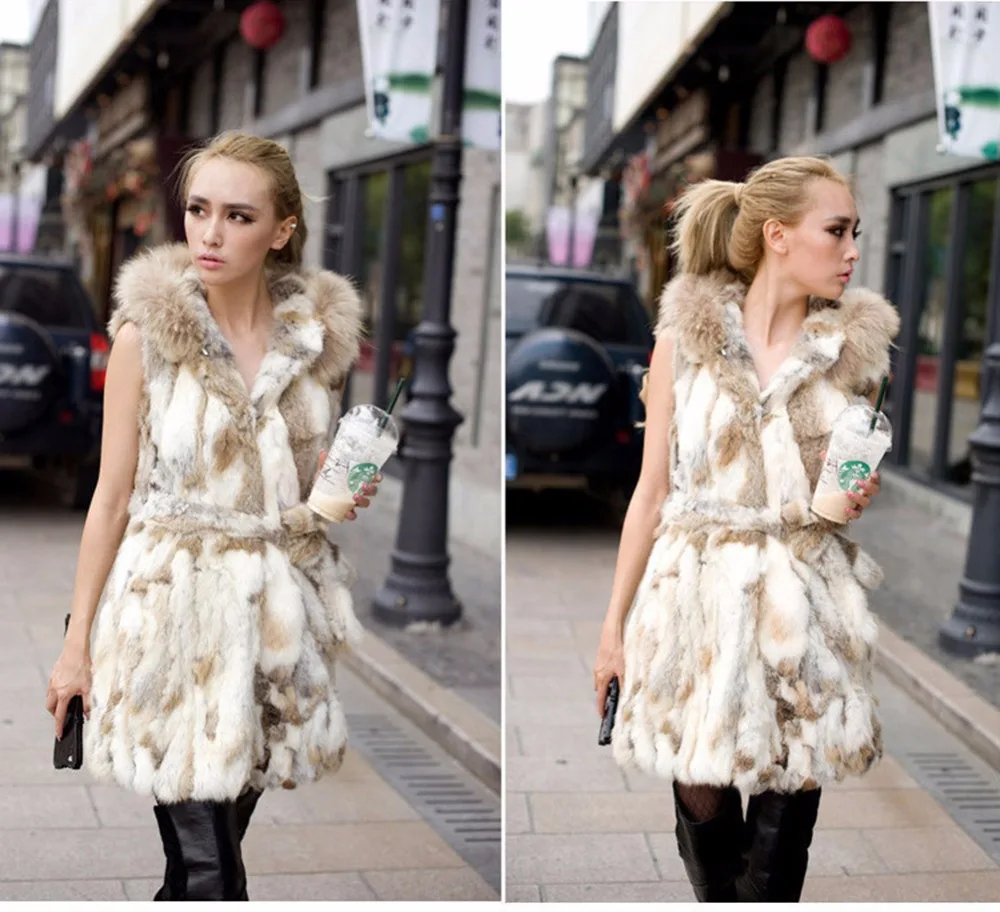 Ethel Anderson Women Real Rabbit Fur Vest Hooded Fur Gilet Sleeveless Jacket Real Rabbit Waistcoat Long Style