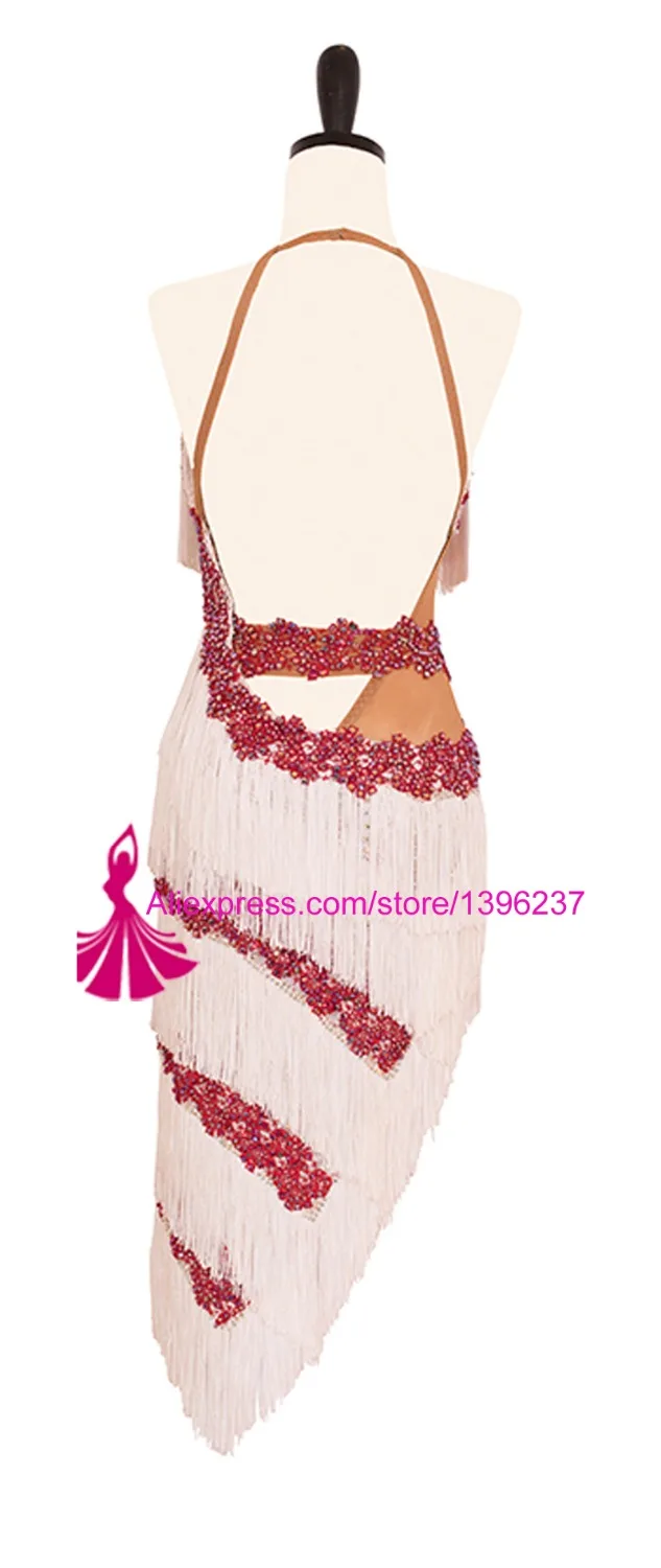 Женское платье для латиноамериканских танцев белое с бахромой соревнований по