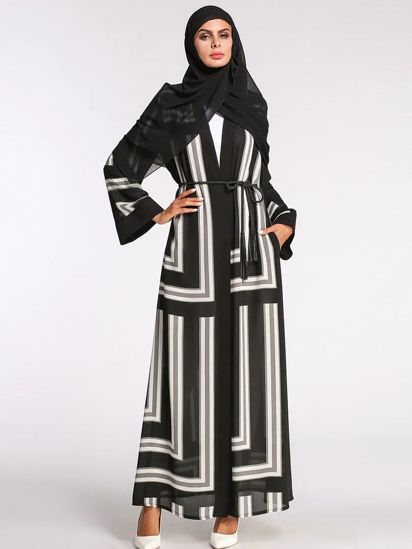 Muslim adult hit color printed abaya Arab Fashion Turkey Middle East striped muslim Dress Musical Robe Ramadan | Тематическая