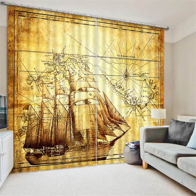 

3D Window Curtains Luxury Blackout For Living Room office Bedroom Drapes Cortina Rideaux Customized size Nautical map pillowcase