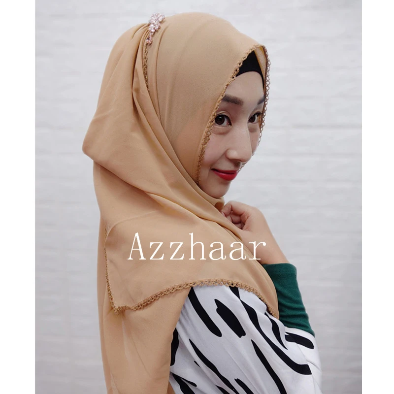 Простой стиль Женский хиджаб однотонный горный хрусталь шифон шелк популярные