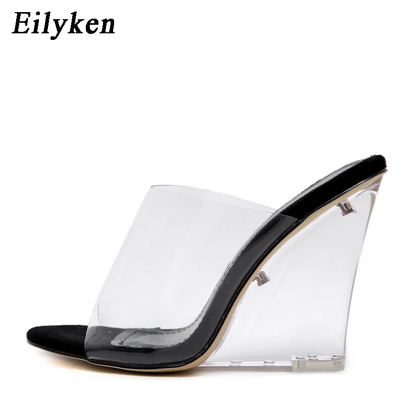 Black EilyKen/прозрачные женские шлепанцы из пвх; Босоножки с открытым носком; пикантные летние туфли на танкетке с кристаллами; модельные туфли на каблуках; цвет черный, абрикосовый - Цвет: Black
