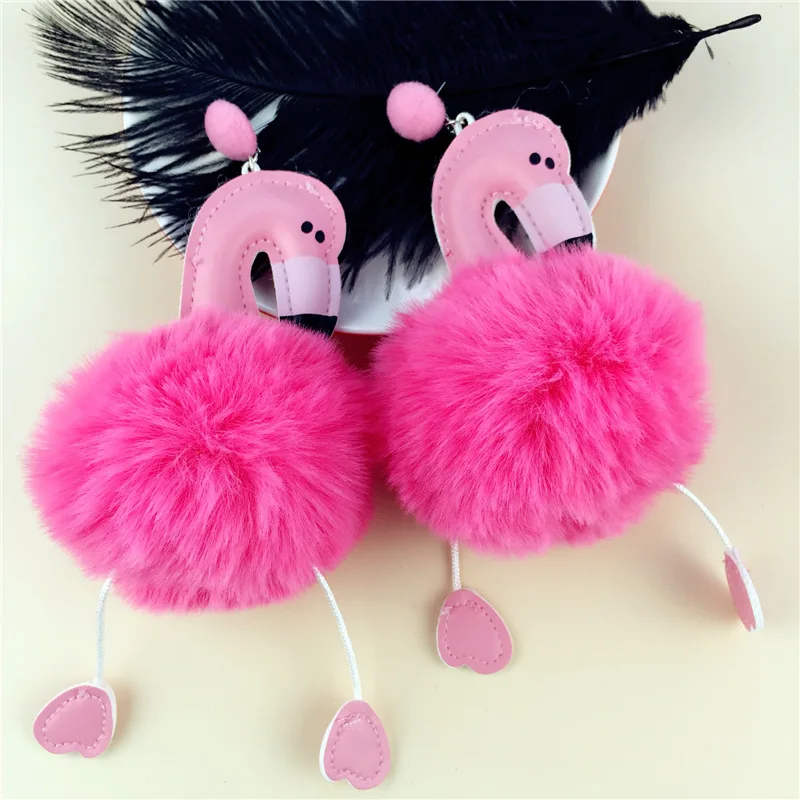 Fishsheep мультфильм большой Фламинго pom кулон Висячие серьги для Для женщин пушистый искусственный кролик Мех животных мяч животных мотаться earrrings