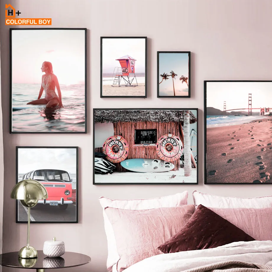 Настенная живопись на холсте для девочек розовая машинка серфинга летние