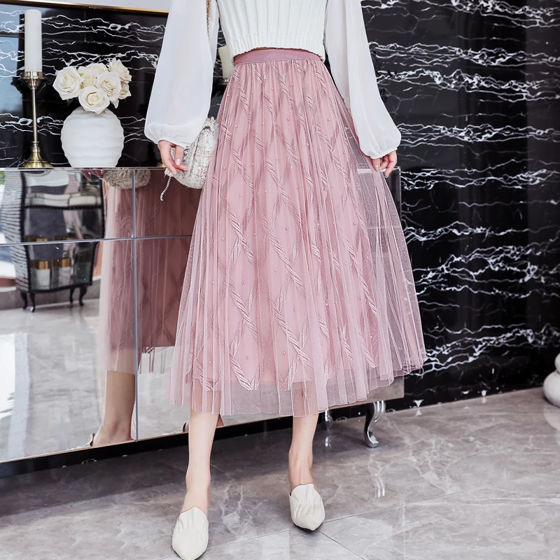 Вышитая бисером длинная юбка из тюля шикарный клетчатый гофрированный с сеткой