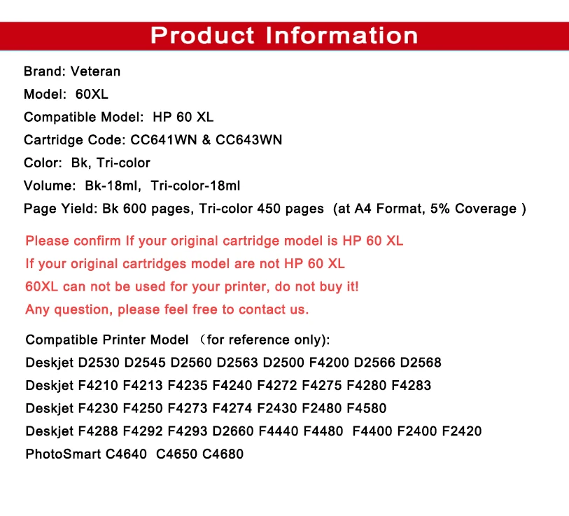 Ветеран Заправка картриджей 60XL для hp 60xl 60 xl Deskjet F2480 F2420 F4480 F4580 F4280 D2660 D2530 D2560 PhotoSmart