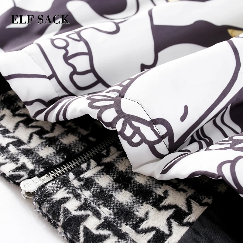 Женская Длинная ветровка ELFSACK черная шерстяная куртка в клетку с принтом из