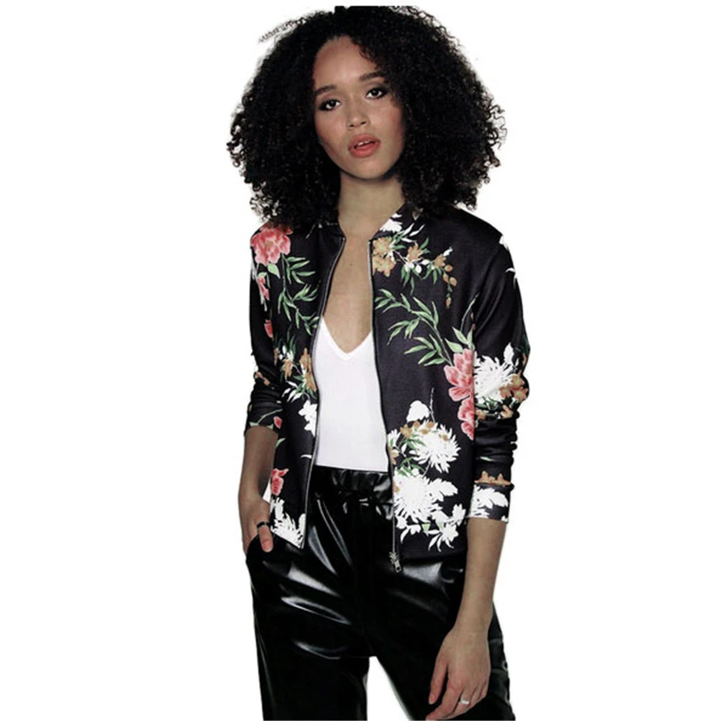 Осень Цветочный принт Куртки женские карман на молнии спереди стенд Куртка с