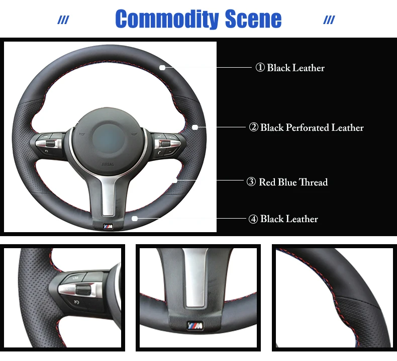 

Hand sewing custom Black Leather Car Steering Wheel Cover for BMW F87 M2 F80 M3 F82 M4 M5 F12 F13 M6 F85 X5 M F86 X6 M F33 F30
