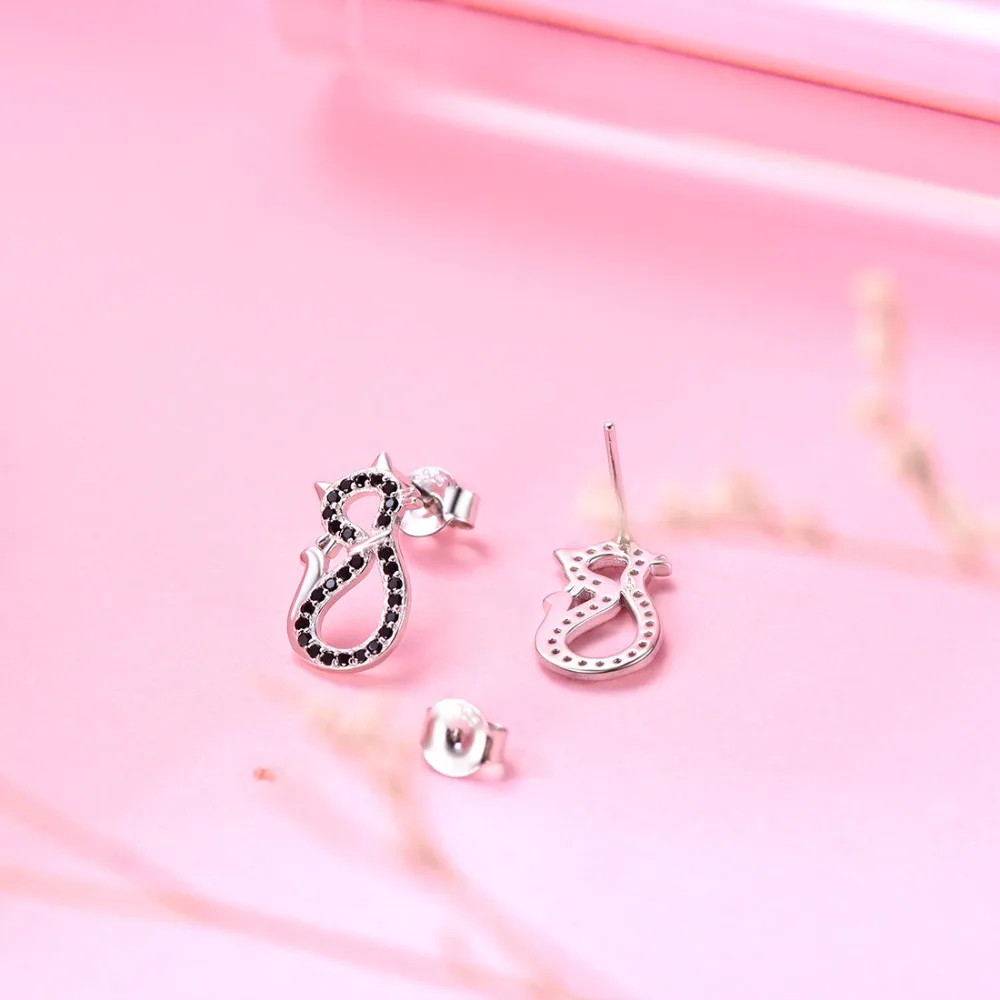 SILVERCUTE CZ черные/белые серьги-гвоздики с кошкой из стерлингового серебра 925 пробы