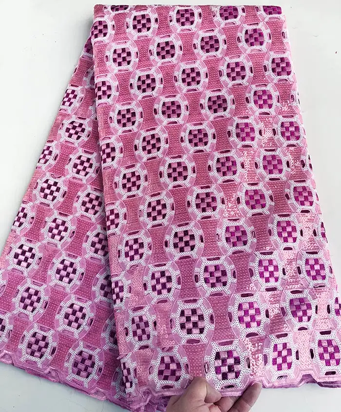 Pink White 5 ярдов полная вышивка африканская ажурная органза, кружево ткань с большим количеством блесток блеск красивый - Цвет: Pink White