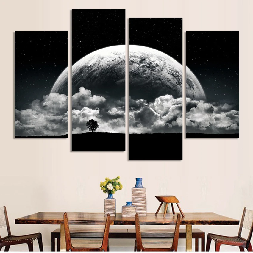 

Black and white Printed close planets Universe 4 piece painting wall art children's room decor poster canvas HD Print Painting