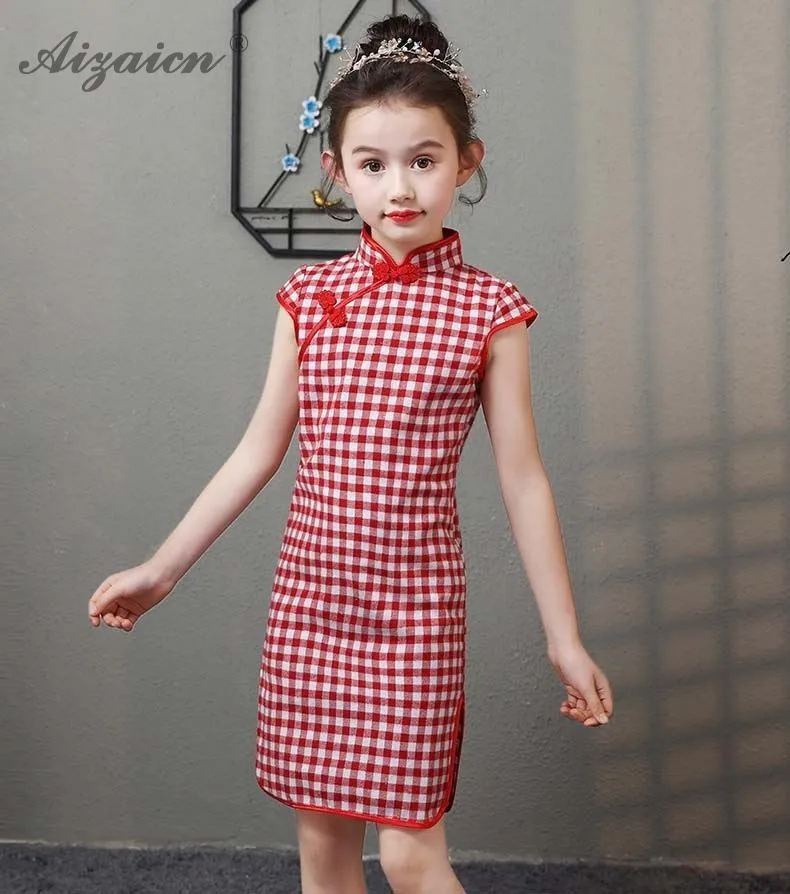 Лето г. Красный Клетчатый хлопковый Cheongsam современная детская Qi ПАО Восточный стиль дети винтажное платье Chinoise детское тонкое платье Qipao