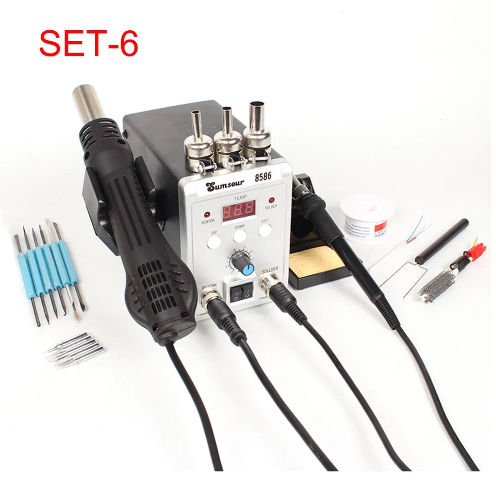 SET-6 8586 паяльная станция с горячим воздухом светодиодный цифровой 2 в 1 SMD ESD паяльник Тепловая воздушная пушка паяльная станция с бесплатными подарками - Цвет: SET-6