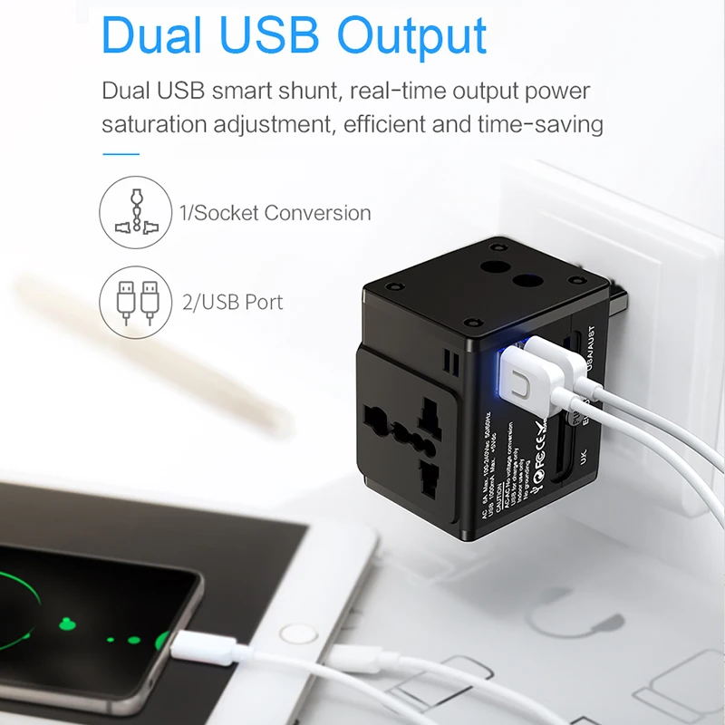 Двойное зарядное устройство USB с глобальной конвертацией, универсальное зарядное устройство для телефона USAMS, зарядное устройство USB с поддержкой ЕС/США/Великобритании/Австралии