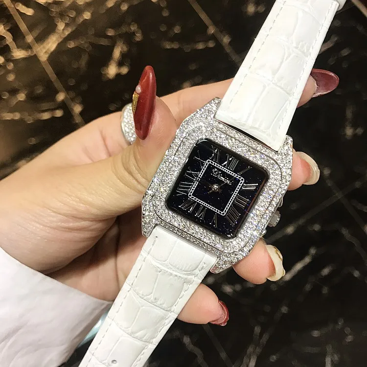 White silver case Новые Топ Роскошные Полный алмаз квадратный Римский браслет с цифрами часы для женщин Мода кожаный ремешок Стразы кварцевые часы - Цвет: White silver case