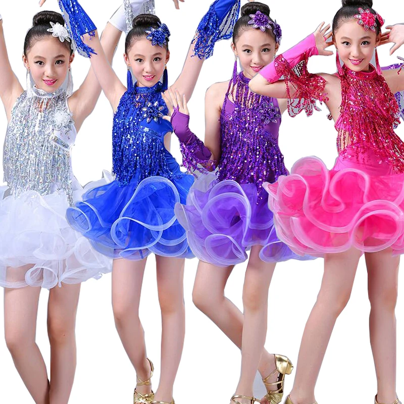 

Girls Tassels Latin dancing dress Kids Sequined Ballroom Modern Dance wear Outfits Children's Jazz Party Stage wear costumes