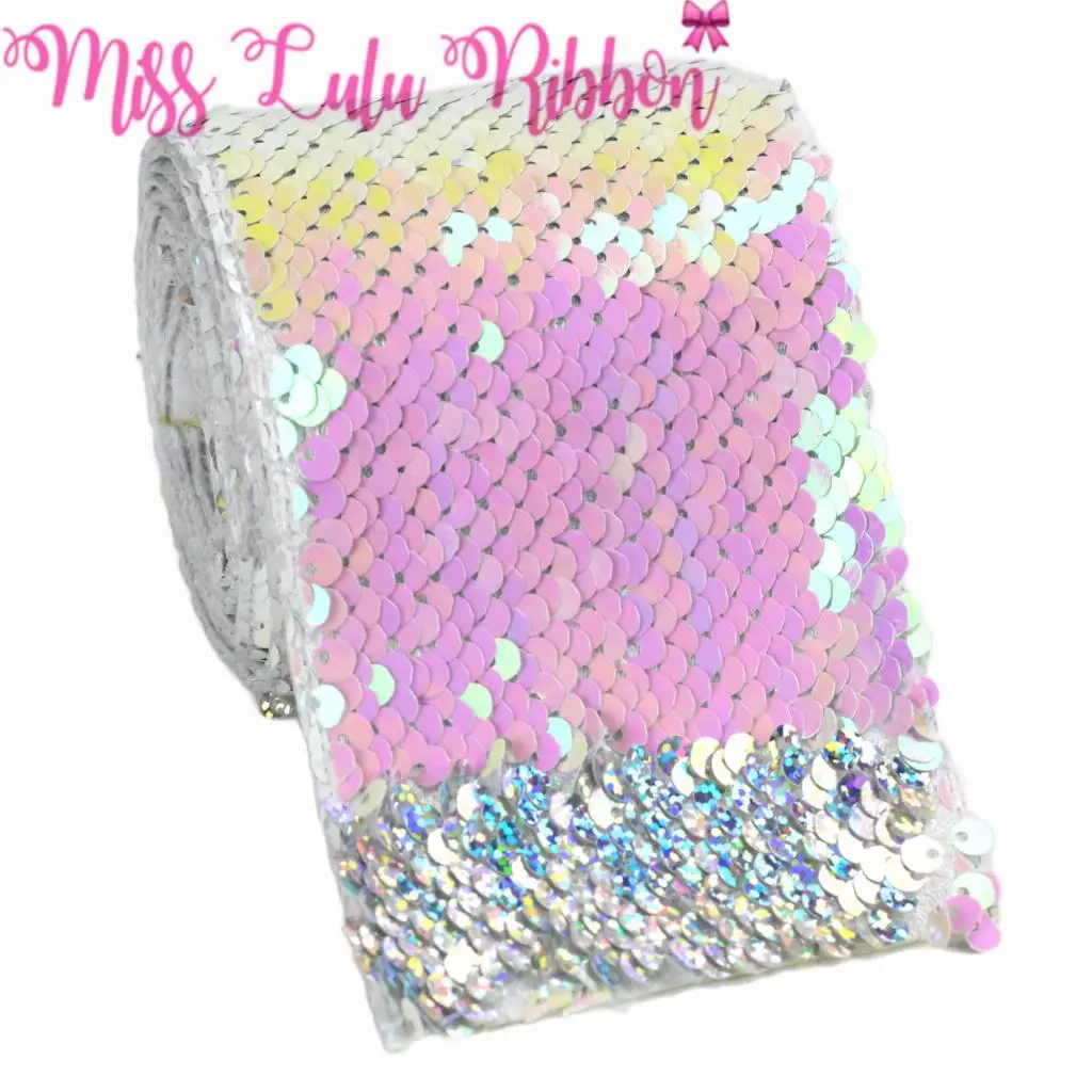 Двухцветная реверсивная лента с блестками голограмма серебряная подарочная