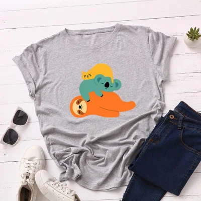 light gray SINGRAIN ленивый коала размера плюс женская футболка милый кот базовые Топы забавные Ленивец хлопок тройники Новые Летние Животные мультфильм печать футболка - Цвет: light gray