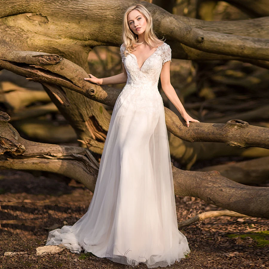Романтические свадебные платья из тюля с глубоким v-образным вырезом Vestido De Noiva