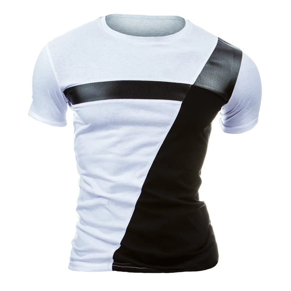 2018 Summer New Arrival High Quality PU Leather Splice Short Sleeve Men T-Shirt Fashion Cotton Casual Round Neck Leisure Time | Мужская