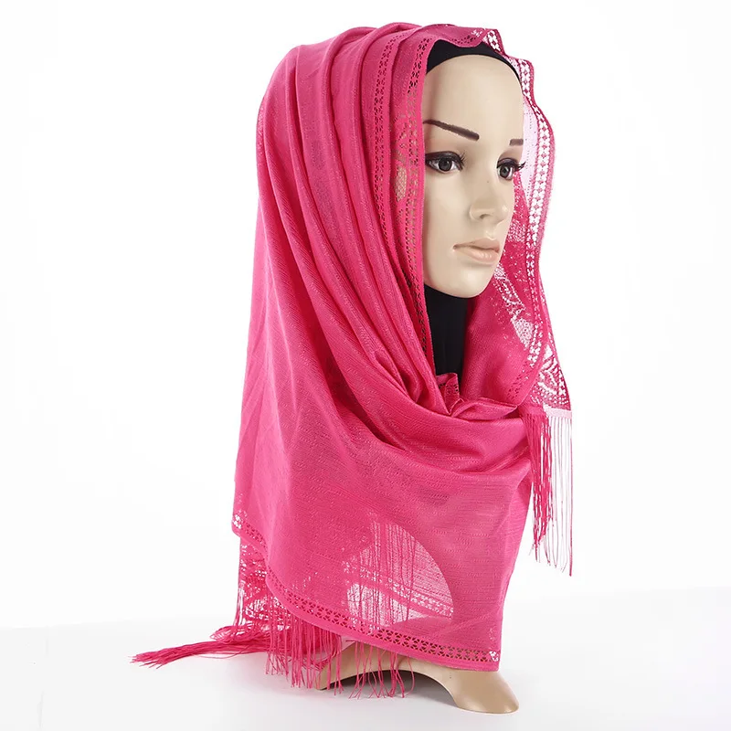 Женский мусульманский шарф Hijabs ультра тонкий кружевной с кисточками арабский