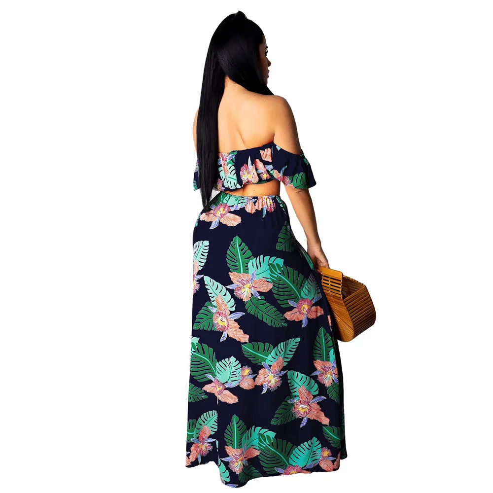 Sexy Ruffles Slash Neck Crop Top and Split Long Skirt Women 2 Two Piece Set 2019 Summer Floral Print Boho Beach Dress | Женская одежда