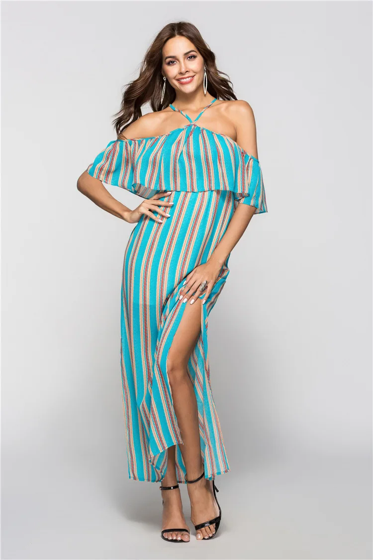 Женское шифоновое платье макси в полоску длинное пляжное с оборками и разрезом