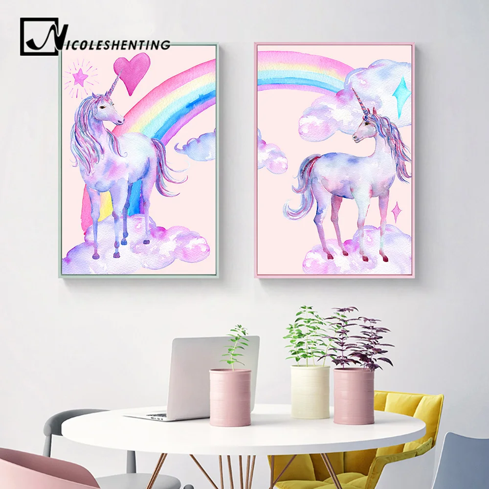 Розовый rainbow Unicorn Плакаты и принты акварель Pegasus роспись стены Книги по искусству
